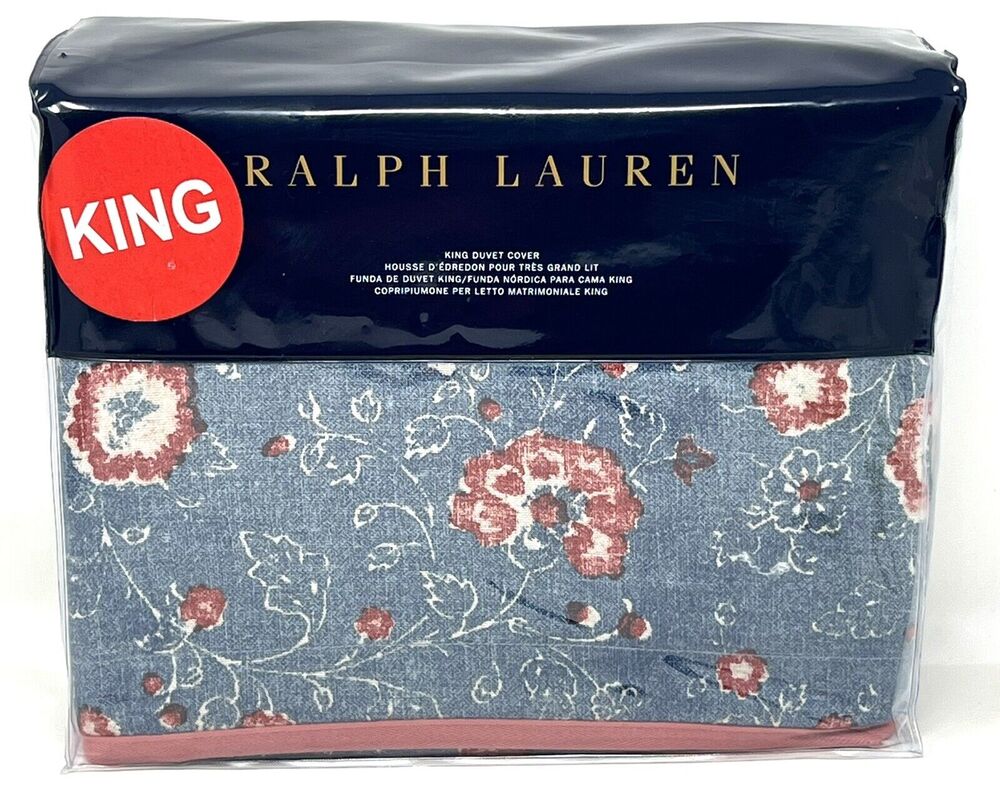Ralph Lauren Indigo Traveler King Size Duvet Cover Denim Floral Blue Red Pink